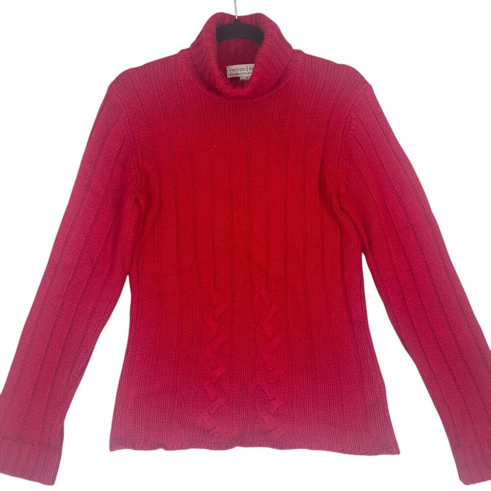 Vintage Red Cashmere Turtleneck Sweater Womens Medium Luxury Cable Knit